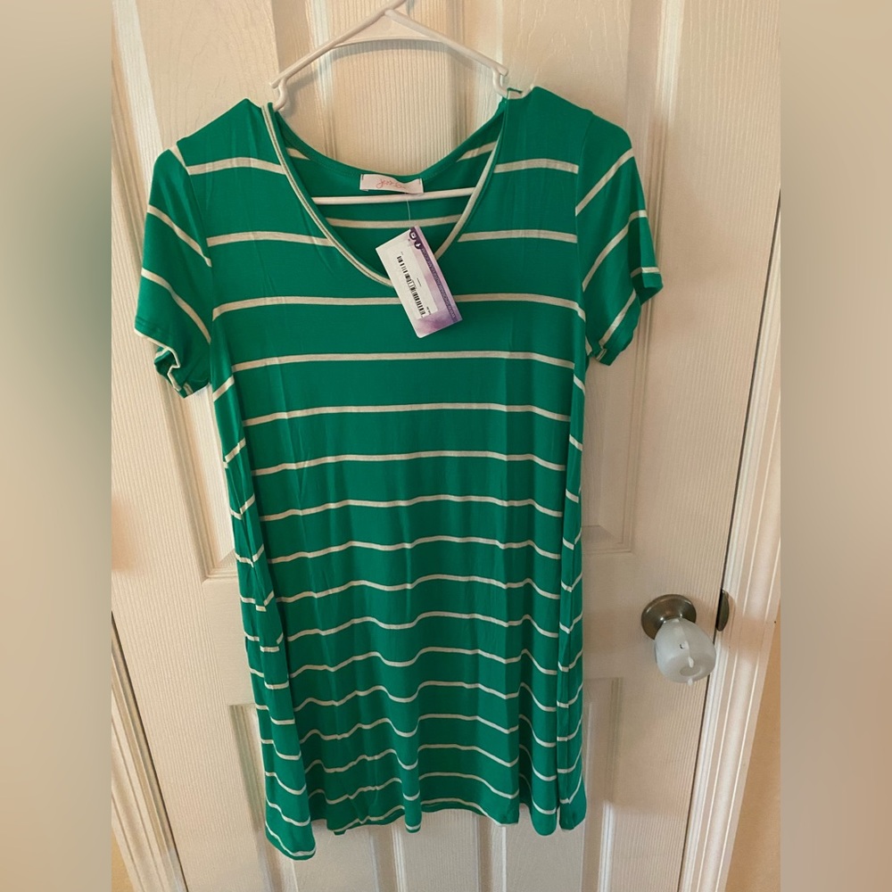 Green and white striped dress